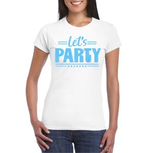 Verkleed T-shirt voor dames - lets party - wit - glitter blauw - carnaval/themafeest