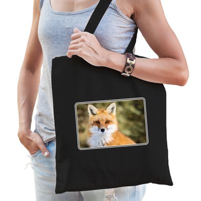 Dieren tas van katoen met vossen foto zwart voor volwassenen Dieren tas van katoen met vossen foto zwart voor volwassenen