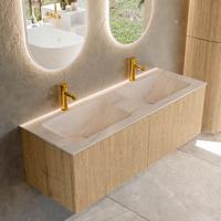 Badmeubel Mondiaz Kurve-Dlux | 130 cm | Meubelkleur Oak | Wastafelkleur Meli | Solid surface | Wasbak beide zijden spoelbak | 2 kraangaten