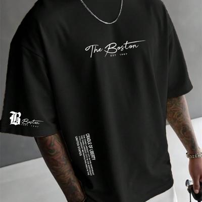 Bon&Bon Men's Letter Print T-Shirt - Casual Apricot Drop Shoulder Tee Black / S