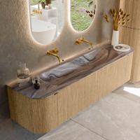 Badmeubel Mondiaz Kurve-Dlux | 170 cm | Meubelkleur Oak | Wastafelkleur Sombra | Solid surface | Wasbak midden spoelbak | Zonder kraangat(en)