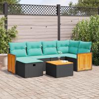 7-delige Loungeset met kussens poly rattan zwart