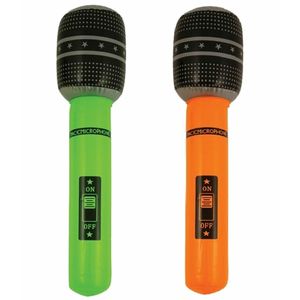 Opblaasbare speelgoed/feestartikel microfoons 2x stuks neon groen/oranje 40 cm