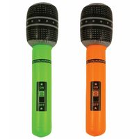 Opblaasbare speelgoed/feestartikel microfoons 2x stuks neon groen/oranje 40 cm