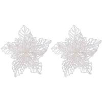 Decoris decoratie bloem - 2x - op clip - wit glitter - 23 cm - kunststof - kerstversiering