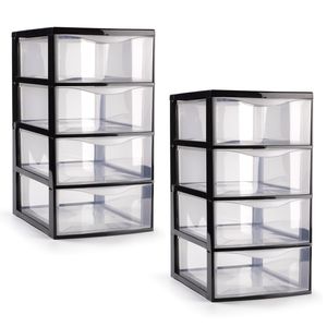 Ladeblokje/bureau organizer - 2x stuks - 4 lades - transparant/zwart - L18 x B25 x H33 cm - plastic