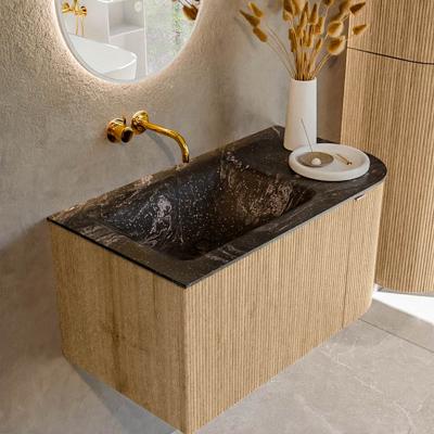 Badmeubel Mondiaz Kurve-Dlux | 85 cm | Meubelkleur Oak | Wastafelkleur Lava | Solid surface | Links spoelbak | Zonder kraangat(en)