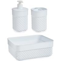 Badkamer accessoires set - 3-delig - wit - kunststof - Mandje - Zeeppompje - Tandenborstelbeker