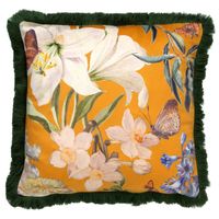 Dutch Decor - HANNA - Sierkussen 45x45 cm - bloemen - vlinders - franjes - Golden Glow - geel