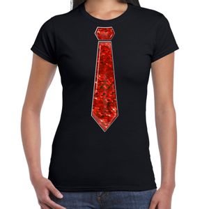 Verkleed t-shirt voor dames - stropdas rood - pailletten - zwart - carnaval - foute party
