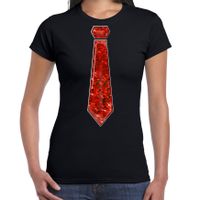 Verkleed t-shirt voor dames - stropdas rood - pailletten - zwart - carnaval - foute party