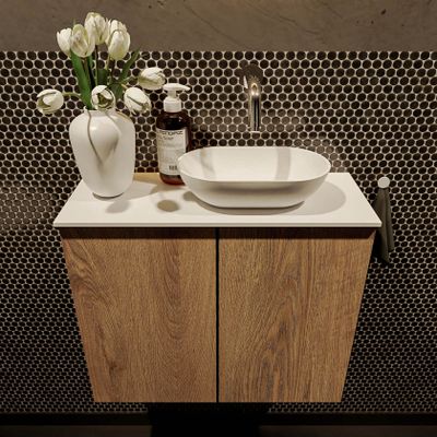 Mondiaz Fowy toiletmeubel 60cm washed oak met blad en waskom talc rechts zonder kraangat