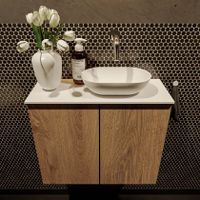 Mondiaz Fowy toiletmeubel 60cm washed oak met blad en waskom talc rechts zonder kraangat