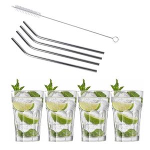 4x Cocktailglazen / Mojito glazen transparant 410 ml met RVS rietjes