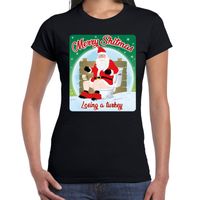 Fout kerst t-shirt merry shitmas turkey zwart voor dames - thumbnail