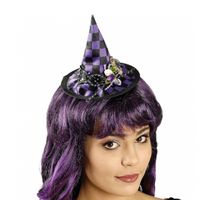Halloween heksenhoed - mini hoedje op diadeem - one size - zwart/paars - meisjes/dames
