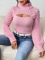 Bon&Bon Blue Cut Out Turtleneck Sweater - Rib-Knit Lantern Sleeve Pullover Pink / XS