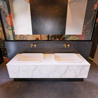 Badkamermeubelset Mondiaz Erin 150 cm met 1 Lade met RIDGE Wastafel Dubbel Talc Zonder Kraangaten Greeploos Mat Carrara
