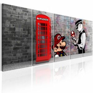 Schilderij - Graffiti op steen - Banksy , mario bros , rode telefoon ,  5 luik