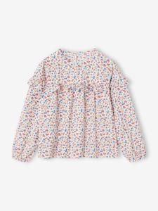 Meisjesblouse met ruches met bloemenprint ecru
