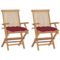 Tuinstoelen 2 st met wijnrode kussens massief teakhout