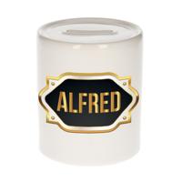 Spaarpot met voornaam Alfred - wit - goud/zwart embleem - 8 x 9 cm - keramiek - afsluitdop