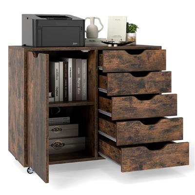 Rollcontainer met 5 Lades & Deur & Werkblad & Wielen Mobiele Archiefkast Bruin