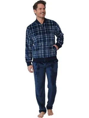 Huispak heren Flanel Fleece - Donkerblauw warm heren pyjamapak 2-delig