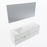 MONDIAZ VICA 140cm badmeubel onderkast Carrara 2 lades. Wastafel CLOUD links zonder kraangat, kleur Talc met spiegel LED.