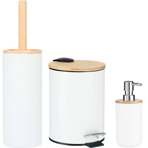 Berilo badkamer accesoires set Malaga - toiletborstel/pedaalemmer/zeeppomje - wit - Badkameraccessoireset