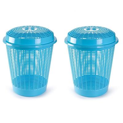 Plasticforte Wasmand met deksel - 2x stuks - 50 liter - blauw - rond - D45 x H57 cm