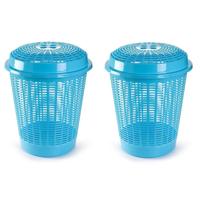 Plasticforte Wasmand met deksel - 2x stuks - 50 liter - blauw - rond - D45 x H57 cm