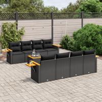9-delige Loungeset met kussens poly rattan zwart
