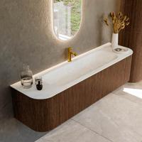 Badmeubel Mondiaz Kurve-Dlux | 170 cm | Meubelkleur Walnut | Wastafelkleur Opalo | Solid surface | Midden spoelbak | 1 kraangat Badmeubel Mondiaz Kurve-Dlux | 170 cm | Meubelkleur Walnut | Wastafelkleur Opalo | Solid surface | Midden spoelbak | 1 kraangat