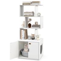 142 cm Kattenbak 2 in 1 Kattenbak 3 Open Schappen Zij-Ingang Deuren Hoekdierbak Industriële Stijl Wit/Bruin