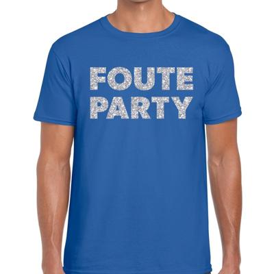 Foute party - zilveren glitter tekst - t-shirt - blauw - heren - feestkleding - carnaval