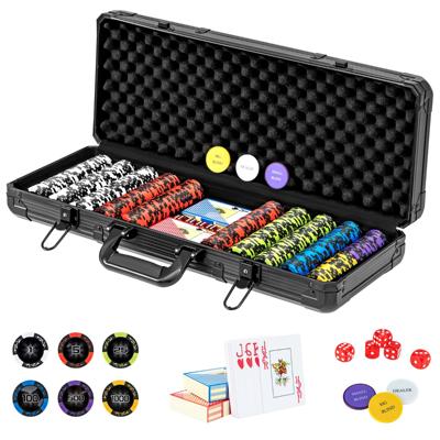 14g Etui met 500 Texas Hold'em Pokerfiches Aluminium Etui Kaartspel 3 Dealerfiches 5 Dobbelstenen Pokerficheset voor Casino's Uitstapjes