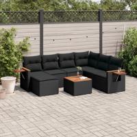 8-delige Loungeset met kussens poly rattan zwart