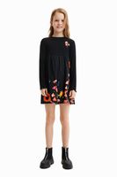 Geribde jurk met bloemen - BLACK - 7/8