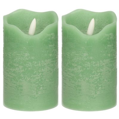 LED kaars/stompkaars - 2x - mintgroen - D7,5 x H12,5 cm - timer - 3D vlam