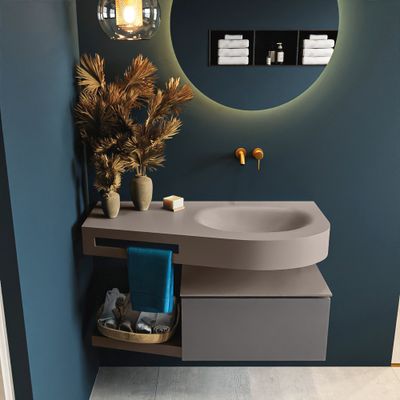 MONDIAZ RIVA 100cm badmeubel onderkast / planchet kleur Dark_Grey met 1 lade. Wastafel DULCET rechts 0 kraangaten kleur Smoke. MONDIAZ RIVA 100cm badmeubel onderkast / planchet kleur Dark_Grey met 1 lade. Wastafel DULCET rechts 0 kraangaten kleur Smoke.