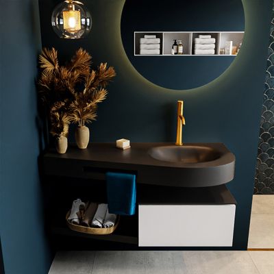 MONDIAZ RIVA 120cm badmeubel onderkast / planchet kleur Talc met 1 lade. Wastafel DULCET rechts 1 kraangat kleur Urban. MONDIAZ RIVA 120cm badmeubel onderkast / planchet kleur Talc met 1 lade. Wastafel DULCET rechts 1 kraangat kleur Urban.