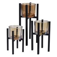 Bellatio Design Theelichthouders - 3x stuks - zwart - metaal/glas - Waxinelichthouders