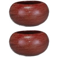 Set van 2x stuks bloempotten schalen bordeaux rood ribbels keramiek voor kamerplant H13 x D23 cm