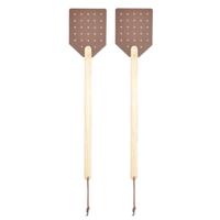 Esschert design Vliegenmepper - 2x stuks - hout/leer - bruin - 52 cm - vliegen vangen