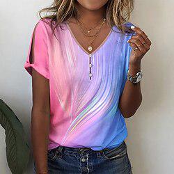 Dames T-shirt Ombre nappi Uitknippen Vakantie Stijlvol Neon en helder Korte mouw V-hals Blozend Roze Zomer Lightinthebox