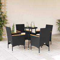 5-delige Tuinset met kussens poly rattan en glas zwart