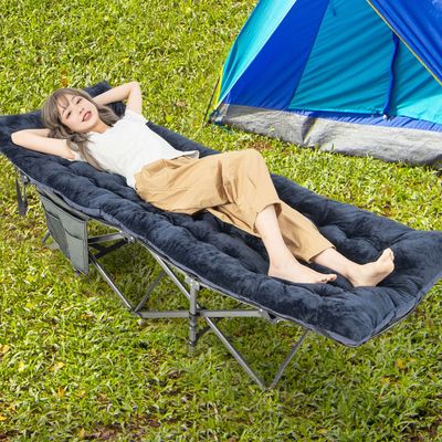 Katoenen Veldbed Kussen 7 cm Dikke Matras met 4 Bevestigingsbanden Multifunctioneel voor Campingbed Ligstoel Tuinligstoel Marineblauw