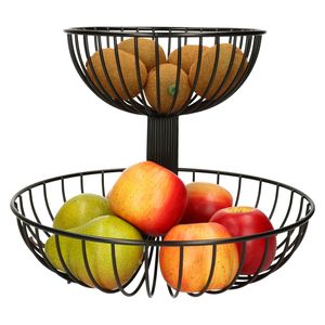 2-laags fruitschaal/fruitmand rond zwart metaal 32 cm