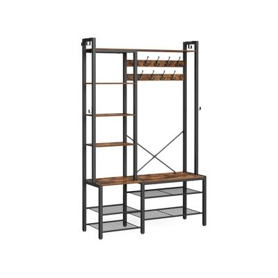 Kapstok met schoenenbank van spaanplaat vintage bruin-inktzwart, Vintage bruin + inktzwart